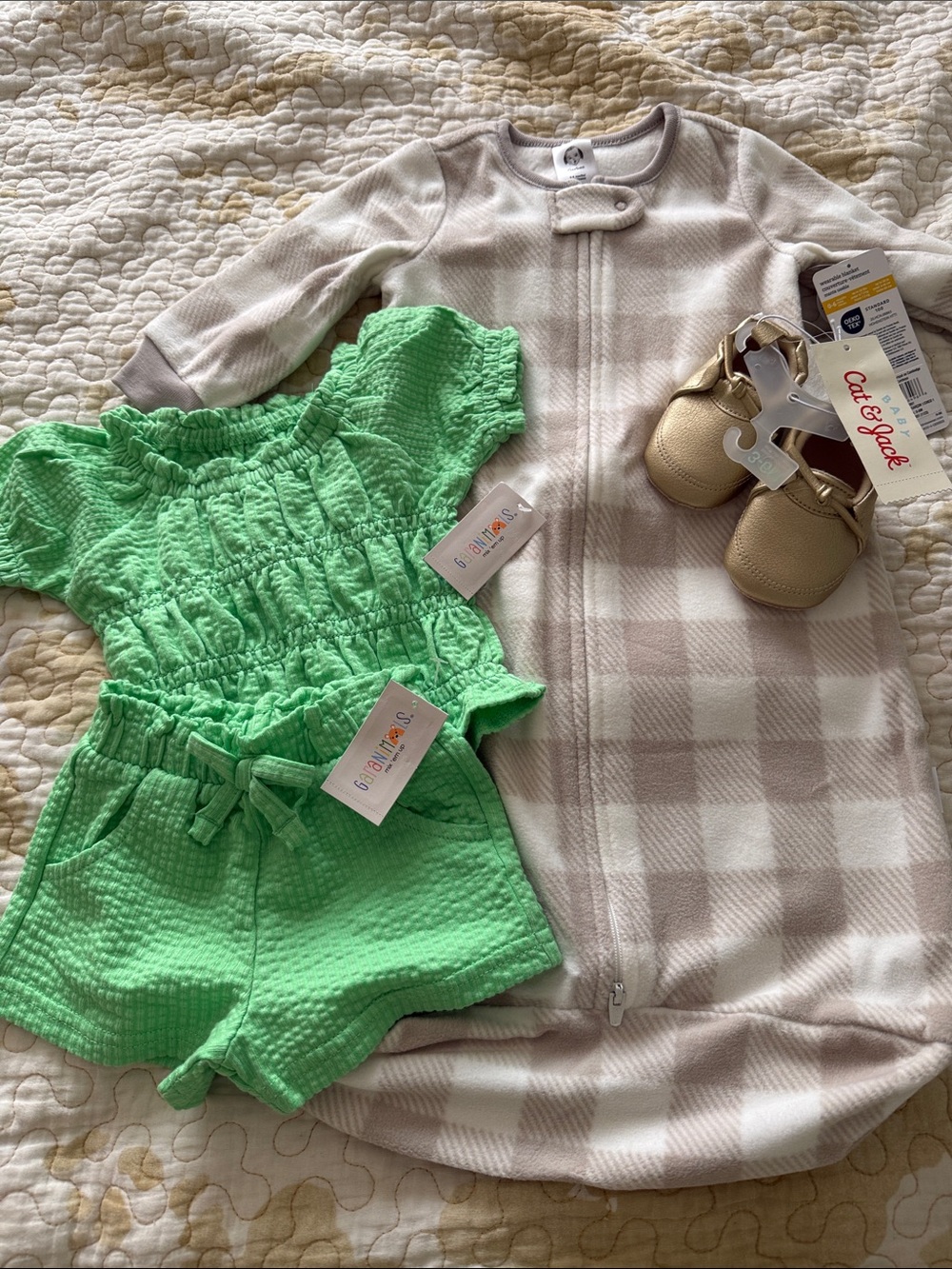 Green Smocked Baby Two-Piece Set + Beige Plaid Sleep Sack